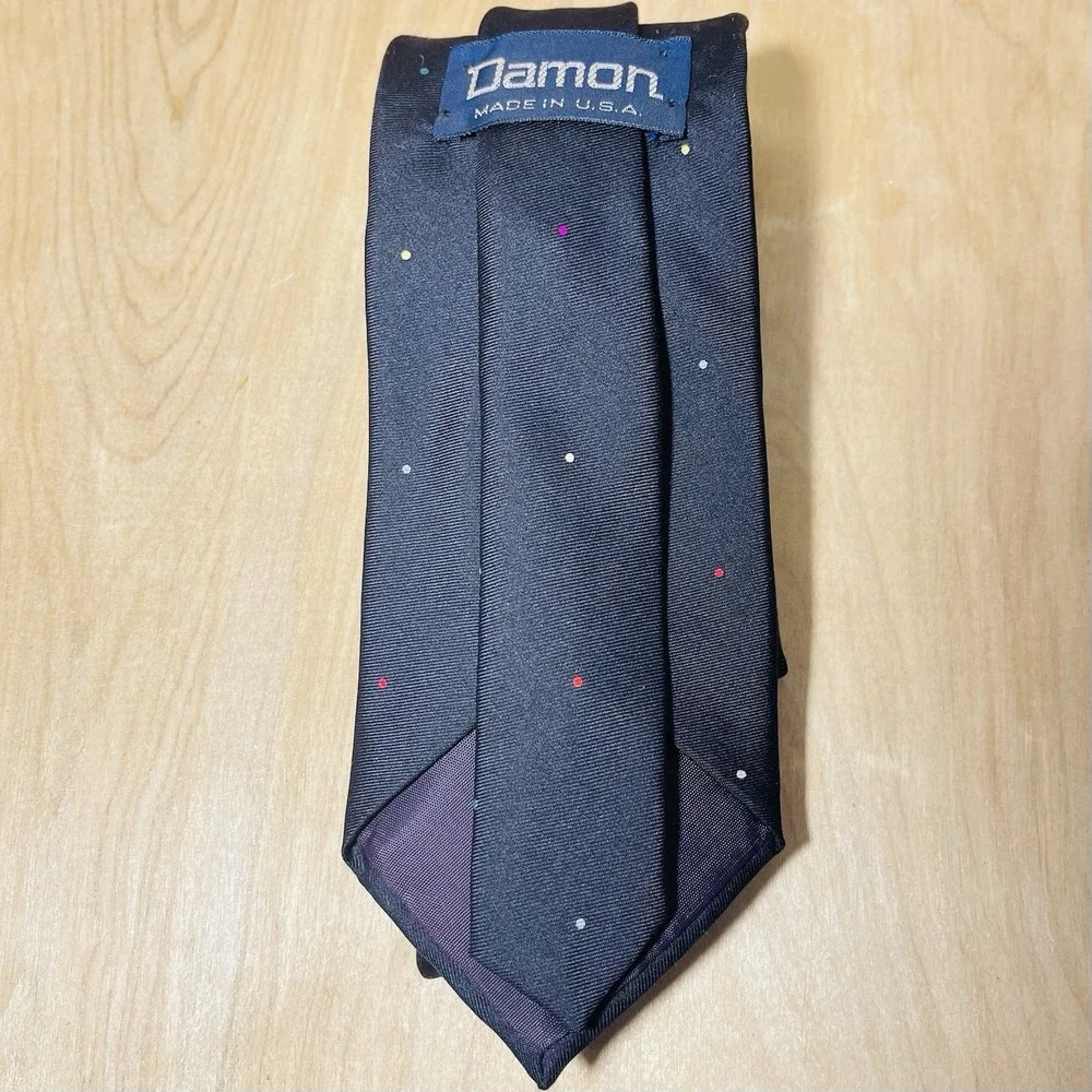 Vintage Damon Necktie 100% Silk Black With Multicolor Dots Made In USA‎